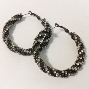 Large Hoop Earrings Twist Rhinestones Statement Gun Metal Hinged Back Pierced